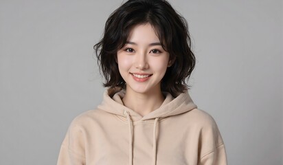 Fototapeta premium A cheerful woman with wavy black hair wearing a beige hoodie smiles warmly, exuding a casual and relaxed vibe against a neutral background.