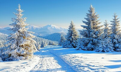 Obraz premium Snowy mountain path with snow covered fir trees and distant peaks in winter.