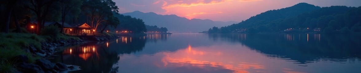 Fototapeta premium The soft glow of lanterns illuminates a serene lake landscape at dusk, dusk, glow, light