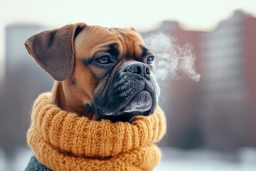 Social commercial - &ETH;&deg;nimal care. Sad cute baby dog boxer in winter warm clothes, visible breath from nose and mouth in cold atmosphere. Problem of struggling animals. Dog warm coat.