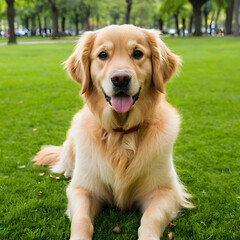 Adorable golden retriever dog sitting on green grass in a park