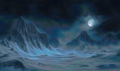 Fototapeta premium Snowy mountains under a full moon at night.