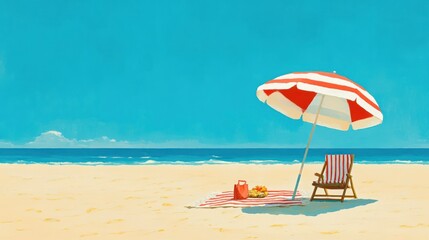 Beach Picnic Under Red and White Umbrella, Sunny Day