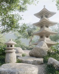Intricate chinese pagoda and stone lanterns serene garden setting 3d natural light tranquil design concept