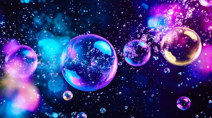 Fototapeta premium Spray Painted Bubbles Burst in Air - Vibrant, iridescent bubbles float amidst a spray of water droplets. The image symbolizes joy, ephemerality, freedom, light, and color.