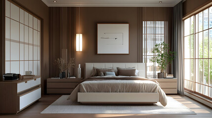Modern interior japandi style bedroom design Livingroom. Pantone color of the year 2025 Mocha Mousse