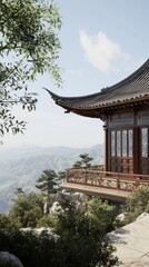 Fototapeta premium Majestic chinese pagoda overlooking lush valley serene architecture panoramic view tranquil environment scenic beauty
