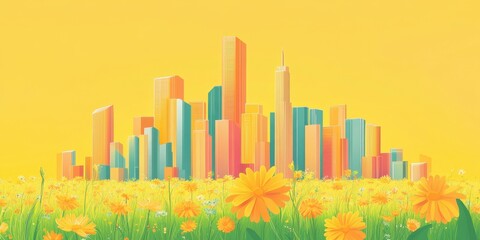 City Skyline Overlooking a Vibrant Field of Flowers