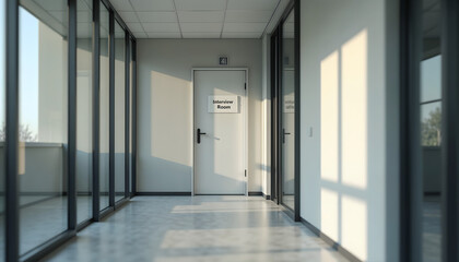 Modern office hallway leading to an ajar door with "Interview Room" sign, illuminated by natural light