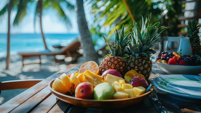 Tropical Beach Fruit Platter Pineapple Mango Orange Slices Summer Vacation