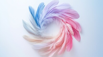 Obraz premium Minimalist arrangement of pastel-colored feathers forming a circular pattern