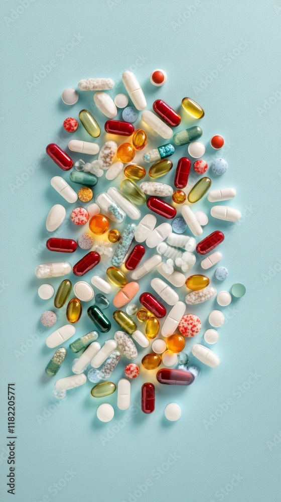 Poster arranging multicolored pills and capsules of various shapes and sizes on a light blue background cre
