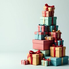 Tower of colorful gift boxes piled high on the ground, decorative, holiday, stacking