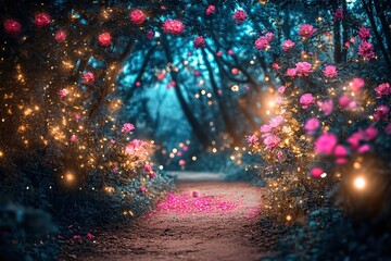 Fototapeta premium Enchanted Forest Pathway with Vibrant Roses and Dreamy Light Effects