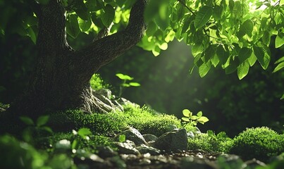 Fototapeta premium Sunlit forest floor with mossy rocks and lush foliage.