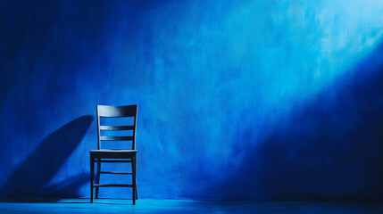 minimalist scene featuring a single wooden chair against a textured, vivid blue wall. A dramatic light source creates shadows, adding depth and a sense of solitude to the composition