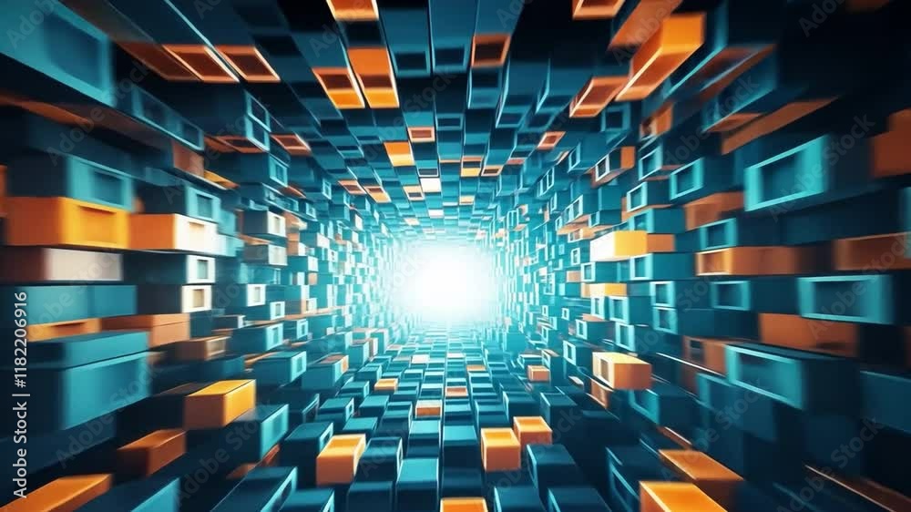 Aufkleber Abstract Tunnel of Light: A mesmerizing 3D rendering of a tunnel formed by an array of vibrant blue, orange, and white cubes, converging towards a blindingly bright white light at the end.