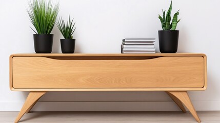 Modern wooden cabinet with plants and books in a bright interior space