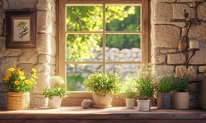 Obraz premium Sunny windowsill with potted plants, stone wall, garden view.