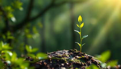 green natural environment background for earth day concept with plant seed in the forest growing on the planet and water around it, minimalism, with white tones