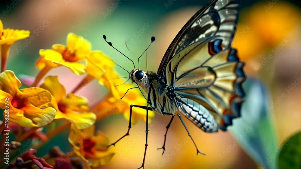 Poster vibrant butterfly resting on colorful flowers in garden, showcasing intricate wings and delicate pat