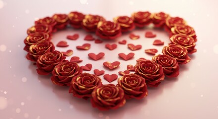 Obraz premium Heart of Roses: A romantic arrangement of red roses forms a heart shape, adorned with smaller red hearts, creating a visually stunning image perfect for Valentine's Day or expressions of love.