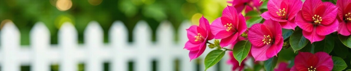 Obraz premium Blooming Bougainvillea near white picket fence, fence, flower, shrub