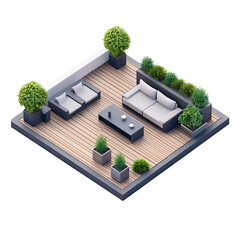 Fototapeta premium Modern Rooftop Terrace Design Plants, Sofa, Chairs, Deck