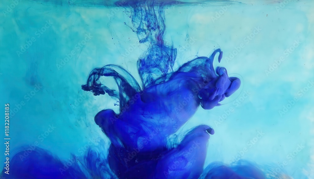 Poster abstract blue ink swirl in water with delicate fluid shapes and gradient aqua background for creative design and artistic concepts

