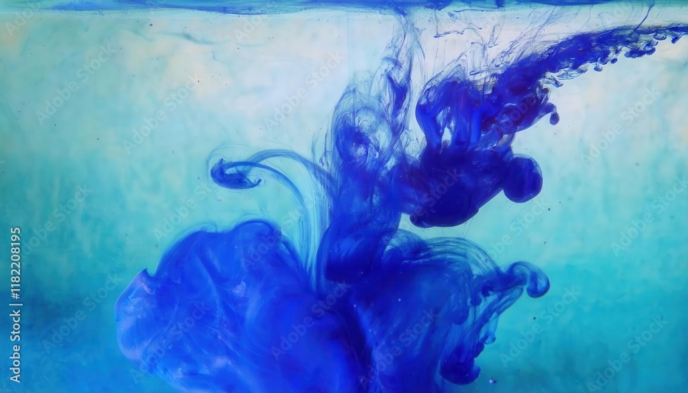 Poster abstract blue ink swirl in water with delicate fluid shapes and gradient aqua background for creative design and artistic concepts

