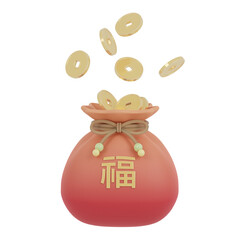 Chinese red luck money bag with chinese gold coin.Asian sack with gift.Oriental New Year's gift	