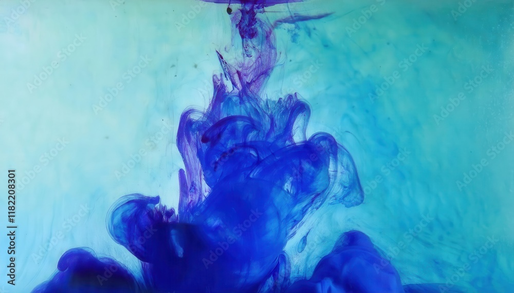 Poster abstract blue ink swirl in water with delicate fluid shapes and gradient aqua background for creative design and artistic concepts

