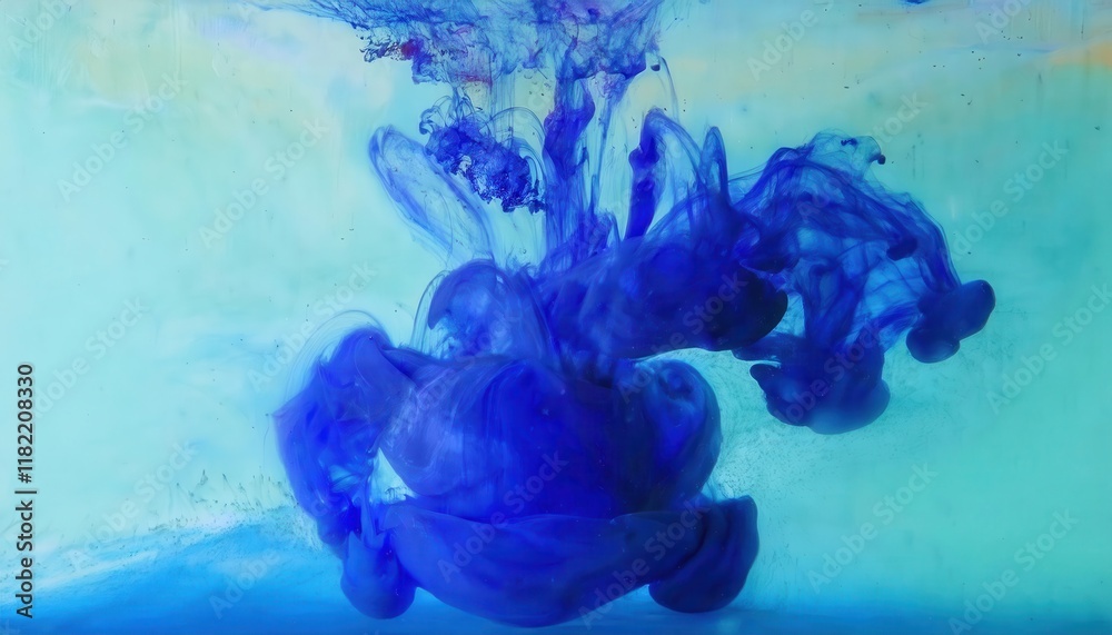 Poster abstract blue ink swirl in water with delicate fluid shapes and gradient aqua background for creative design and artistic concepts

