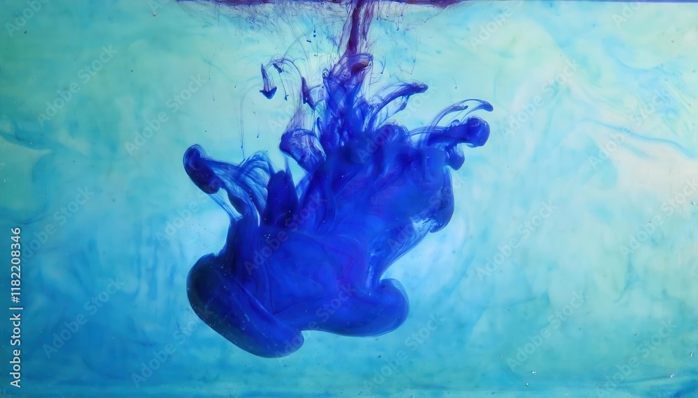 Aufkleber abstract blue ink swirl in water with delicate fluid shapes and gradient aqua background for creative design and artistic concepts


