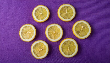 arrangement of sliced fresh lemons on vibrant purple background creating a bold color contrast, perfect for food, design, or advertising concepts

