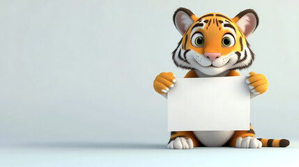 A cartoon tiger sits and holds a blank sign, ready for messages or advertisements.