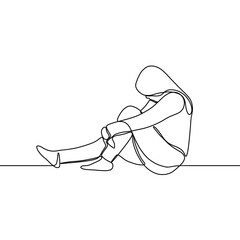 Depressed Woman line art illustration. Continuous single line drawing of woman in sad mood sitting on floor.
