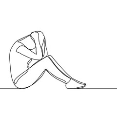 Depressed Woman line art illustration. Continuous single line drawing of woman in sad mood sitting on floor.