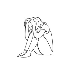 Depressed Woman line art illustration. Continuous single line drawing of woman in sad mood sitting on floor.