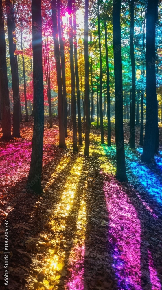 Poster sunlight streams through the trees, casting a kaleidoscope of colors across the forest floor. autumn