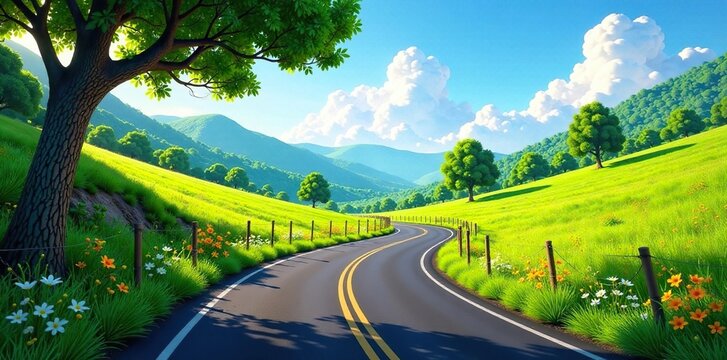 Descripci?n de una carretera sinuosante con c?sped verde y flores silvestres, , paisajes, aventuras