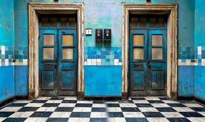 Two aged blue doors in decaying building with checkered floor, for urban decay themes.
