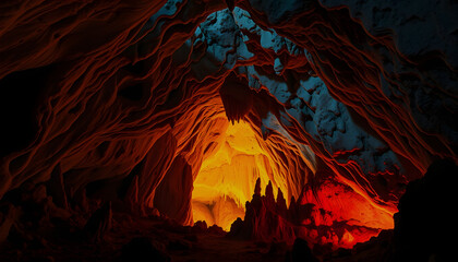 The underground cave is mysteriously colored, with stalagmites and stalactites. An invitation to explore, caving and ancestral spirituality, pop-art, with white tones