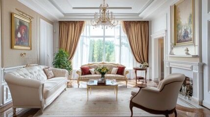 Elegant Living Room Interior Design with Luxurious Furnishings and Classic Decor