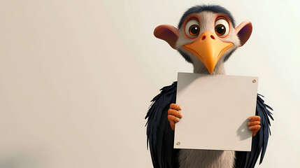 A cartoon bird character holding a blank sign, looking curiously at the viewer.