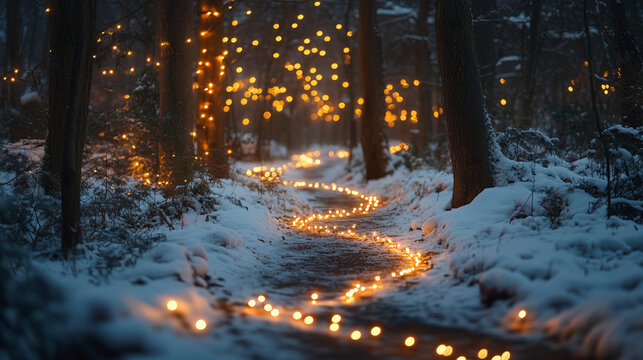 Twinkling lights illuminate a snowy forest path during winter evening stroll