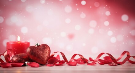 Romantic Valentine's Day Scene: A red candle burns brightly beside a sparkling red heart ornament and scattered rose petals, creating a romantic and festive atmosphere perfect for Valentine's Day.