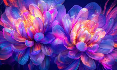 Vibrant, glowing chrysanthemum flowers on a dark background, ideal for backgrounds or wallpapers.