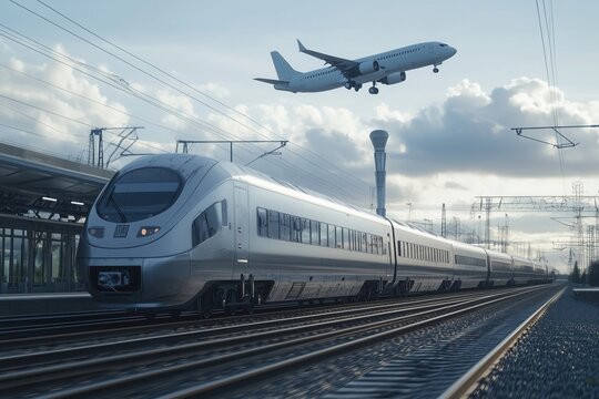Modern high-speed train is passing a station while a passenger plane is landing, showcasing the intersection of various transportation modes