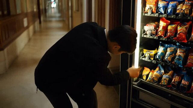 Student Buys Snacks From Vending Machine in School Hallway During Lunch Break in a Busy Setting